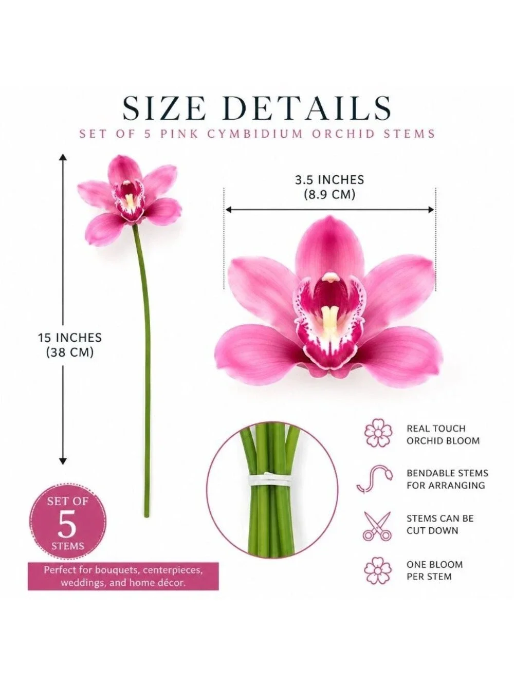 Artificial Cymbidium Orchid Stems Soft Pink Rose Burgundy Faux Orchid Bouquet Re